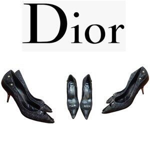 Christian Dior Monogram Heels 36 Black Logo Canvas Leather Pointed Toe Pumps